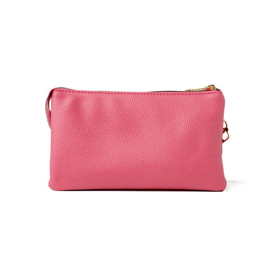 Pink Kedzie Eclipse Crossbody with wristlet and crossbody straps, three zip pockets, and built-in card slots.

