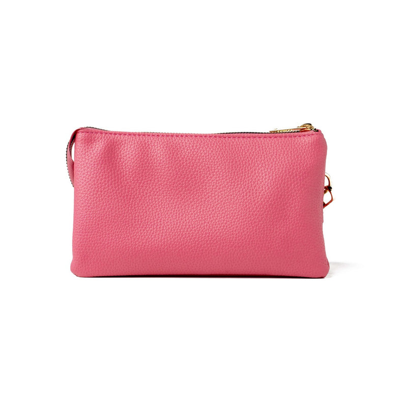 Pink Kedzie Eclipse Crossbody with wristlet and crossbody straps, three zip pockets, and built-in card slots.

