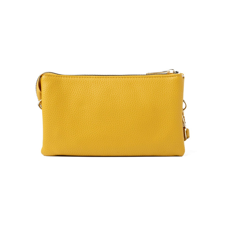 Yellow Kedzie Eclipse Crossbody with three zip compartments, card slots, key leash, and wristlet strap.

