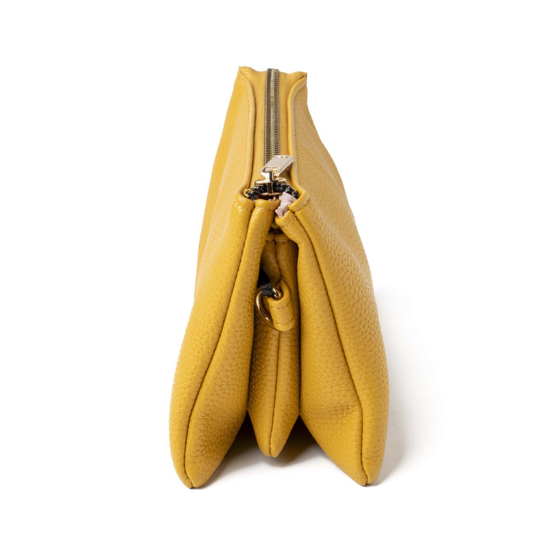 Yellow Kedzie Eclipse Crossbody with three zip compartments, card slots, key leash, and wristlet strap.

