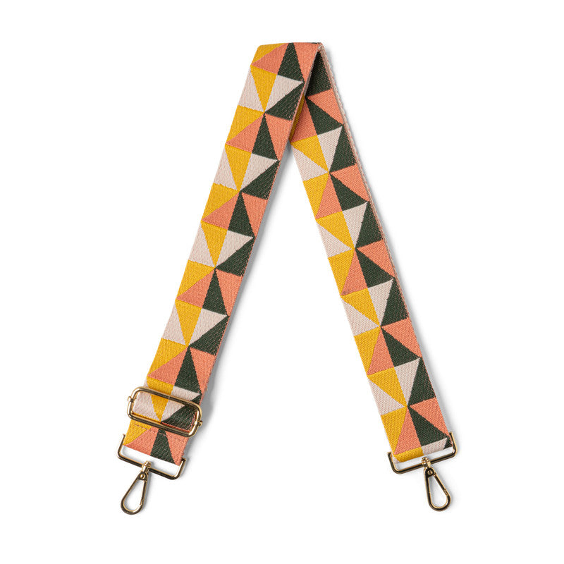 Reversible embroidered Kedzie bag strap with metallic Gilded design and silver swivel snap clips.