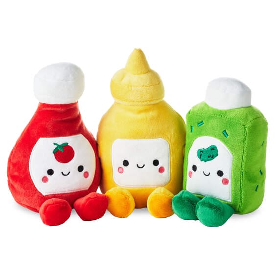 Better Together plush trio of ketchup, mustard, and relish bottles with embroidered details and magnetic connection.
