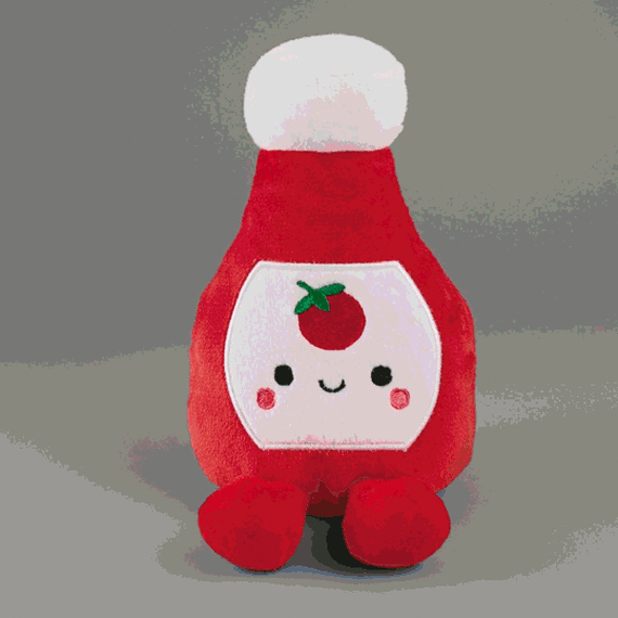Better Together plush trio of ketchup, mustard, and relish bottles with embroidered details and magnetic connection.
