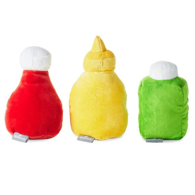 Better Together plush trio of ketchup, mustard, and relish bottles with embroidered details and magnetic connection.
