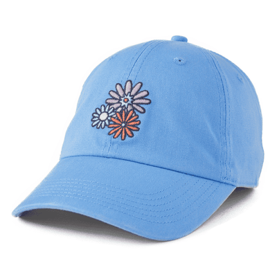 Cornflower blue cotton baseball cap with embroidered floral graphic and adjustable snap back.

