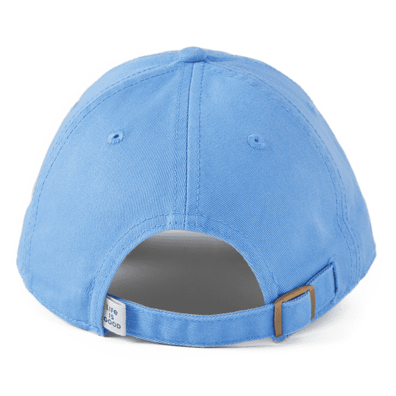 Cornflower blue cotton baseball cap with embroidered floral graphic and adjustable snap back.

