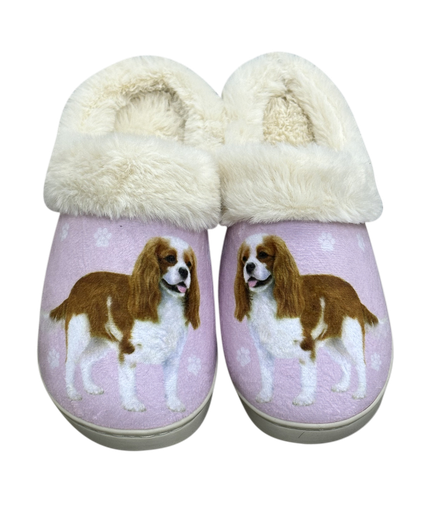 King Charles Cavalier dog slippers with plush material, paw accents, and non-slip soles—perfect for cozy lounging