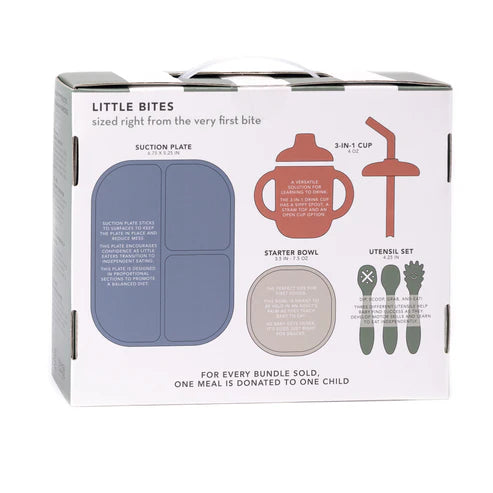 Bella Tunno Jungle Safari Learn to Eat Beginner Bundle with a suction plate, bowl, utensils, and cup for easy baby mealtime transition with food-safe silicone design.