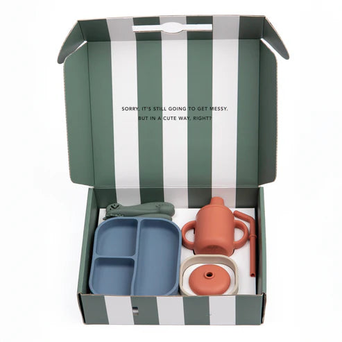 Bella Tunno Jungle Safari Learn to Eat Beginner Bundle with a suction plate, bowl, utensils, and cup for easy baby mealtime transition with food-safe silicone design.