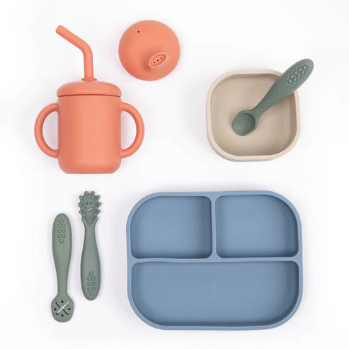Bella Tunno Jungle Safari Learn to Eat Beginner Bundle with a suction plate, bowl, utensils, and cup for easy baby mealtime transition with food-safe silicone design.