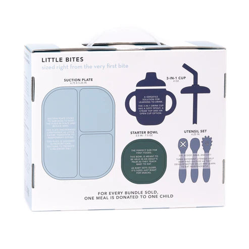 Bella Tunno Shooting Star Learn to Eat Beginner Bundle includes a suction plate, bowl, utensils, and cup for easy baby mealtime transition with food-safe silicone design.