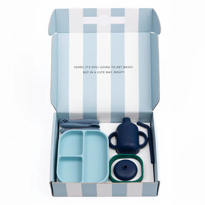 Bella Tunno Shooting Star Learn to Eat Beginner Bundle includes a suction plate, bowl, utensils, and cup for easy baby mealtime transition with food-safe silicone design.