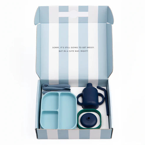 Bella Tunno Shooting Star Learn to Eat Beginner Bundle includes a suction plate, bowl, utensils, and cup for easy baby mealtime transition with food-safe silicone design.