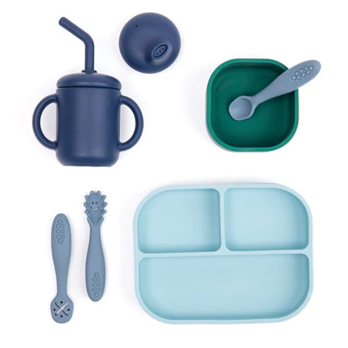 Bella Tunno Shooting Star Learn to Eat Beginner Bundle includes a suction plate, bowl, utensils, and cup for easy baby mealtime transition with food-safe silicone design.