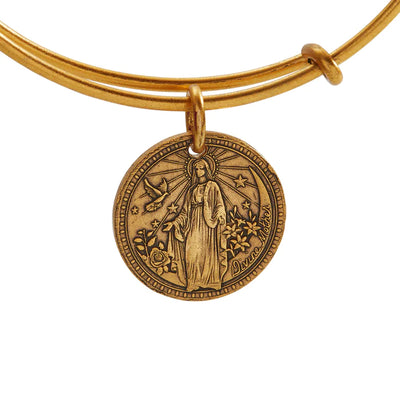 Gold bangle bracelet with a medallion of the Virgin Mary.
