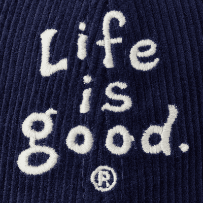 A corduroy chill cap with stacked vintage Life is Good wordmark logo, offering a classic look and comfortable fit with a snapback closure.

