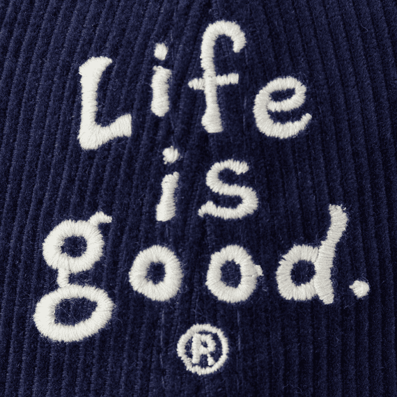 A corduroy chill cap with stacked vintage Life is Good wordmark logo, offering a classic look and comfortable fit with a snapback closure.

