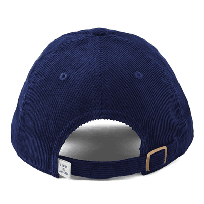A corduroy chill cap with stacked vintage Life is Good wordmark logo, offering a classic look and comfortable fit with a snapback closure.

