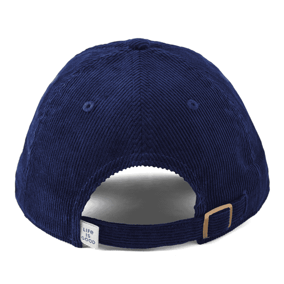 A corduroy chill cap with stacked vintage Life is Good wordmark logo, offering a classic look and comfortable fit with a snapback closure.


