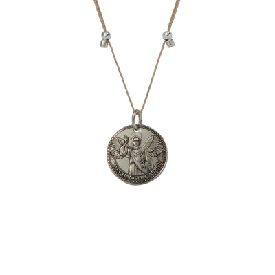 a necklace chain is silver with a medallion depicting.ARCHANGEL GABRIEL