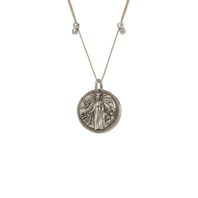 A silver necklace with a round medallion depicting Archangel Gabriel. 