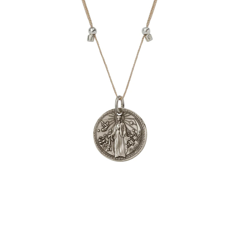 A silver necklace with a round medallion depicting Archangel Gabriel. 