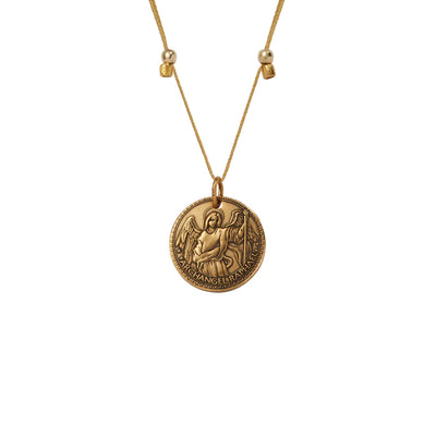 a gold necklace with a round medallion pendant . Text in the bottom right corner reads “ARCHANGEL RAPHAEL.”