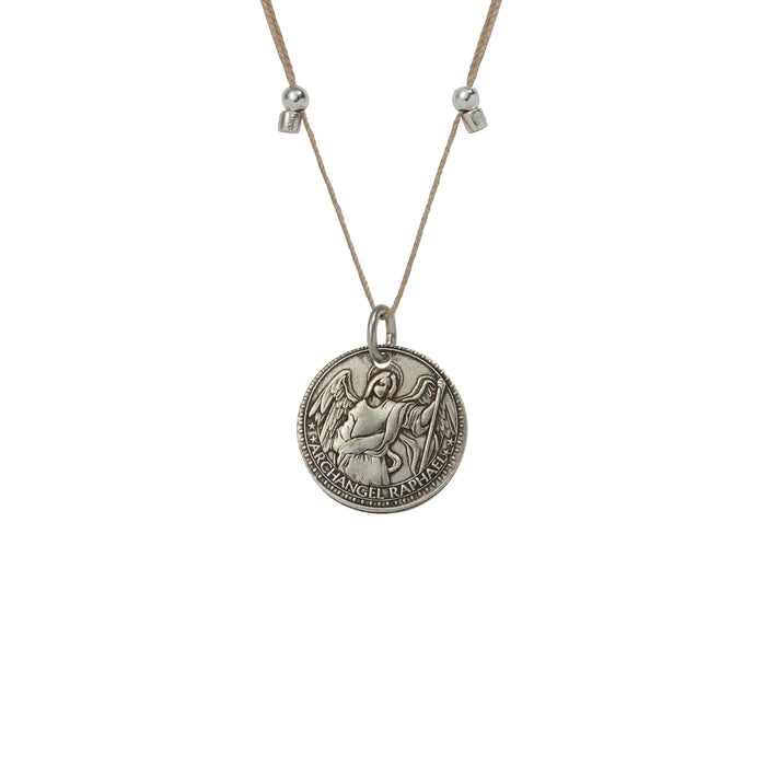 a silver necklace with a round medallion pendant . Text in the bottom right corner reads “ARCHANGEL RAPHAEL.”
