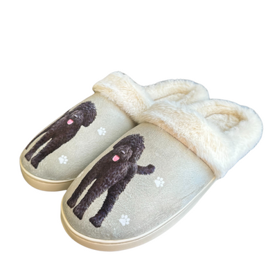Black labradoodle-themed slippers with plush interior and non-slip soles.