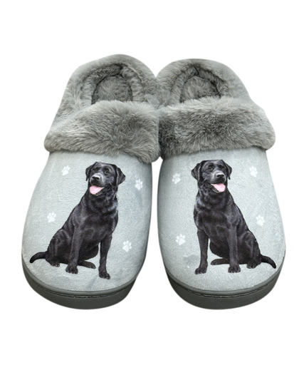 Black Labrador dog slippers with soft plush design, paw print accents, and anti-slip soles—ideal for cozy indoor wear