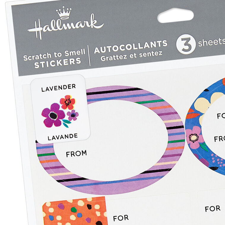 Hallmark lavender-scented floral gift tags and stickers, 3-sheet set with colorful blooms, perfect for birthdays and Mother’s Day.