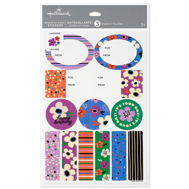 Hallmark lavender-scented floral gift tags and stickers, 3-sheet set with colorful blooms, perfect for birthdays and Mother’s Day.