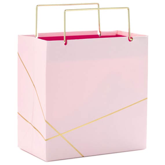 Hallmark small square gift bag in light pink with gold foil accents and gold metal handles, perfect for jewelry or small gift
