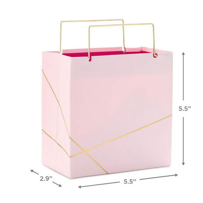 Hallmark small square gift bag in light pink with gold foil accents and gold metal handles, perfect for jewelry or small gift
