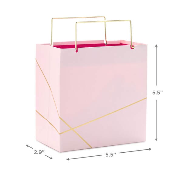 Hallmark small square gift bag in light pink with gold foil accents and gold metal handles, perfect for jewelry or small gift
