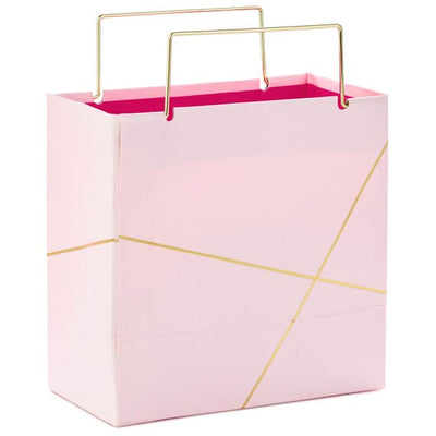 Hallmark small square gift bag in light pink with gold foil accents and gold metal handles, perfect for jewelry or small gift
