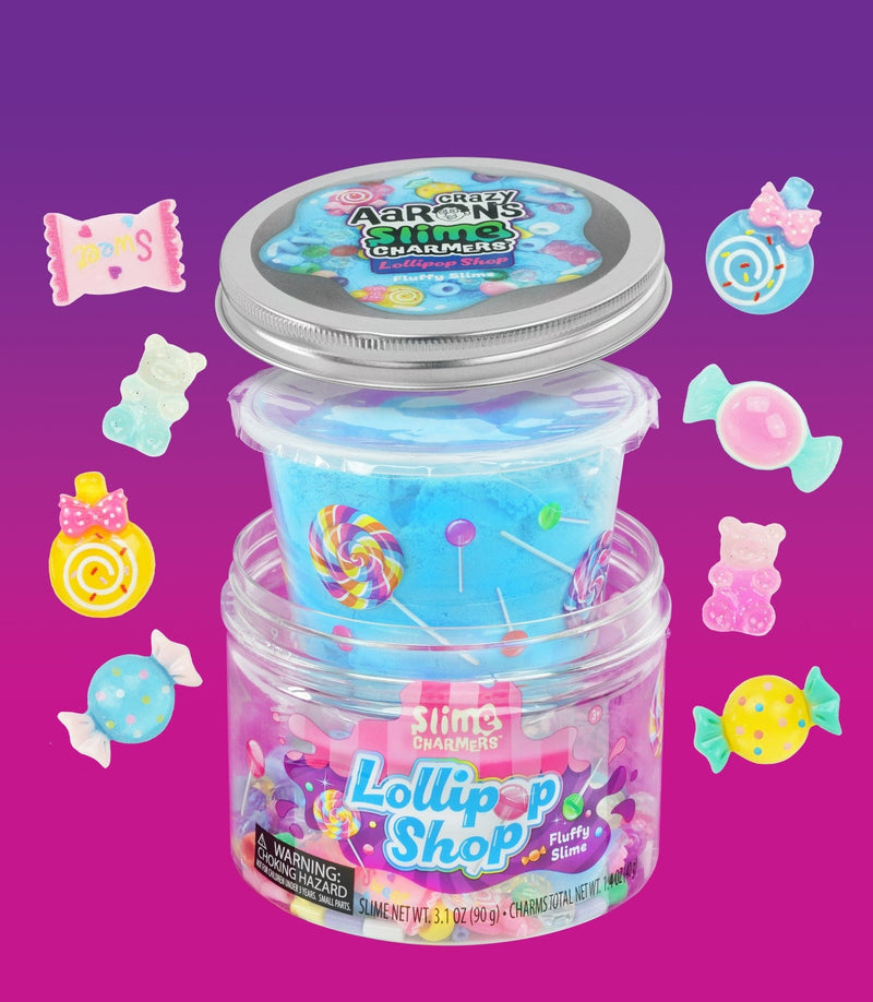 Fluffy blue slime with lollipop and candy-themed charms, offering a sweet, stretchy, and creative play experience.