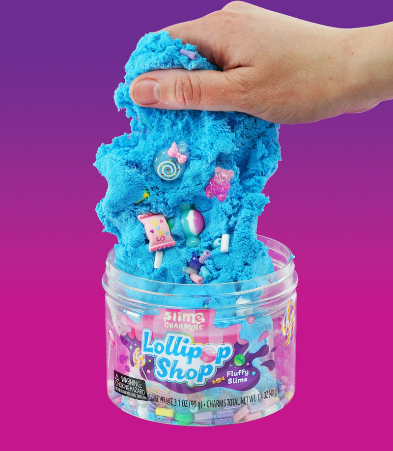 Fluffy blue slime with lollipop and candy-themed charms, offering a sweet, stretchy, and creative play experience.