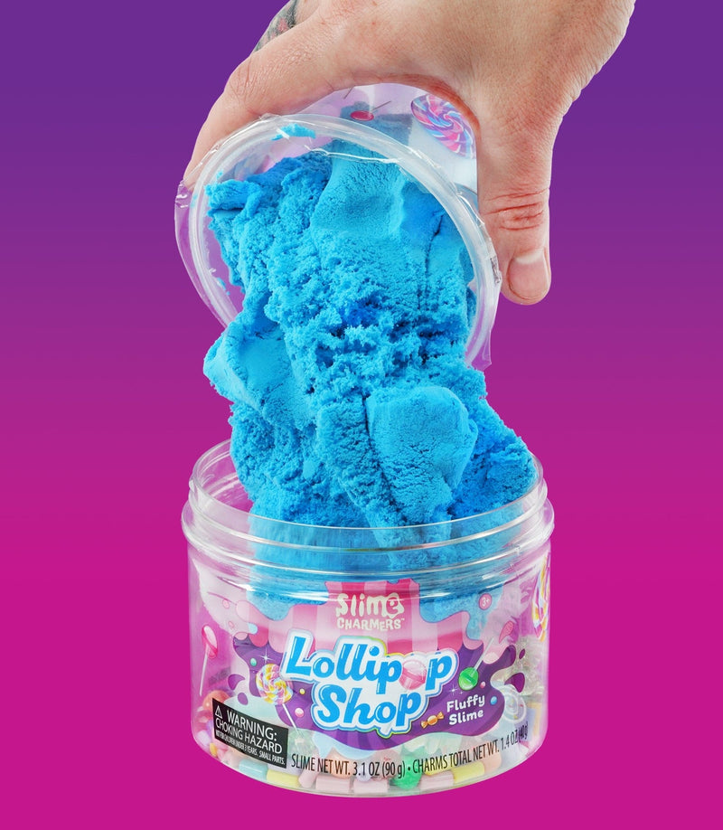 Fluffy blue slime with lollipop and candy-themed charms, offering a sweet, stretchy, and creative play experience.