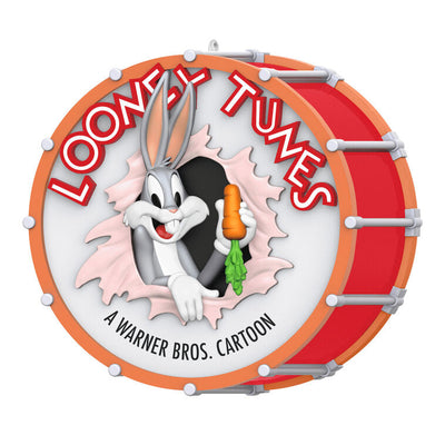 Bugs Bunny Looney Tunes ornament bursting through red drum with carrot in hand, 85th anniversary design