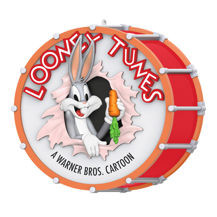Bugs Bunny Looney Tunes ornament bursting through red drum with carrot in hand, 85th anniversary design