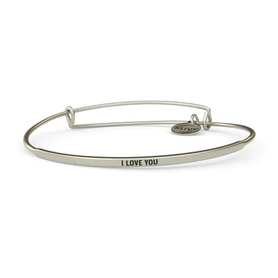 Silver bangle bracelet with the words "I love you" engraved on it.