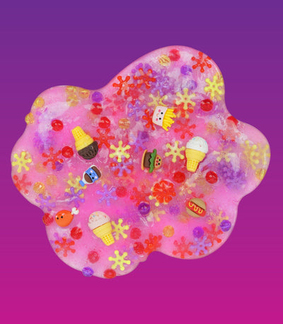 Purple slime with burger, hot dog, fries, and drink charms in a fast food theme, scented like watermelon.