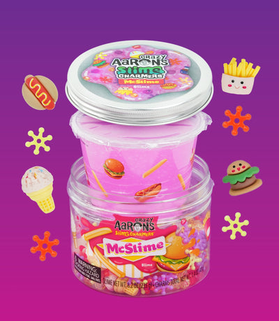 Purple slime with burger, hot dog, fries, and drink charms in a fast food theme, scented like watermelon.