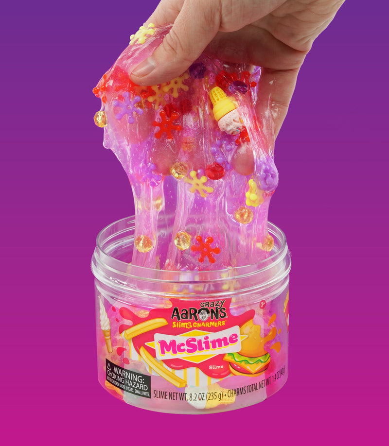 Purple slime with burger, hot dog, fries, and drink charms in a fast food theme, scented like watermelon.