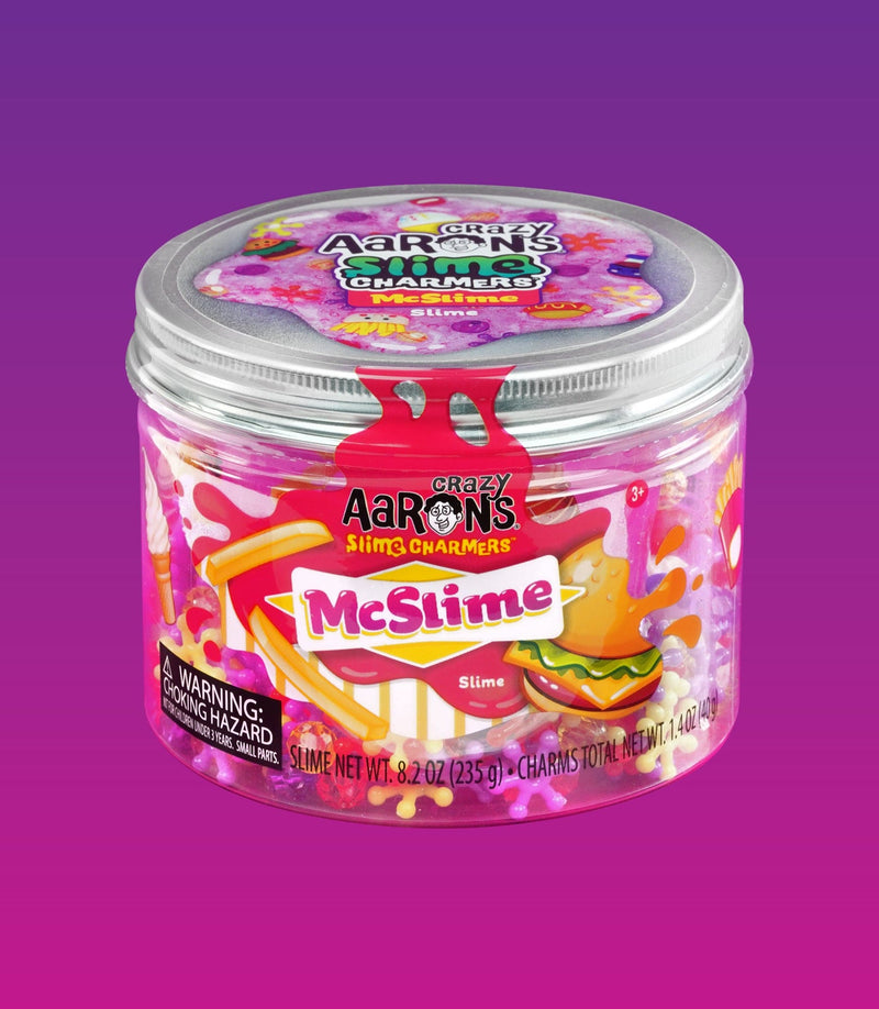 Purple slime with burger, hot dog, fries, and drink charms in a fast food theme, scented like watermelon.