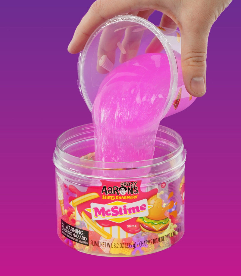 Purple slime with burger, hot dog, fries, and drink charms in a fast food theme, scented like watermelon.