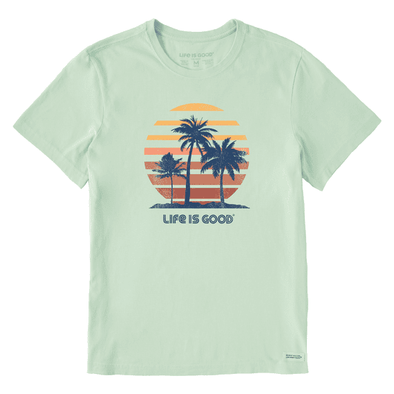 Men’s lightweight cotton tee with retro sun and palm tree graphic in vintage 70s style.

