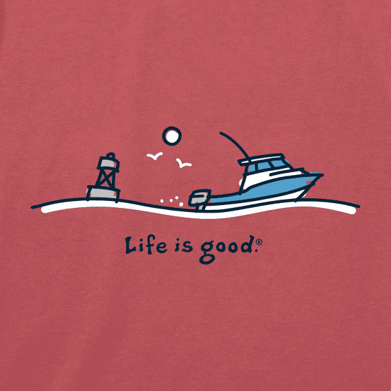 Men’s Crusher-LITE tee with a graphic of a small boat on the ocean, made from soft, lightweight cotton in a relaxed fit.

