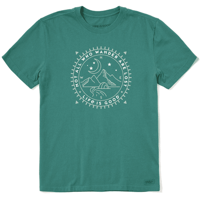 Green t-shirt with text "For those who wander are lost, life is good".░